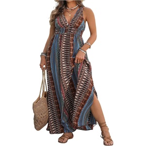 image:imageFloerns Womens Plus Size Striped V Neck Tank Dress Tie Back A Line Vacation Maxi DressesBlue
