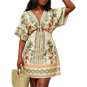 image:imageFloerns Womens Plus Size Tropical Short Dress Dolman Sleeve Cut Out Deep V Neck Vacation DressesGreen