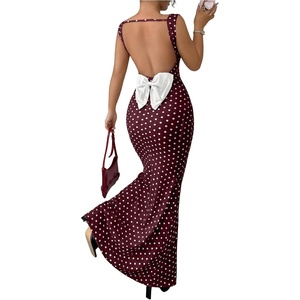image:imageFloerns Womens Polka Dots Cowl Neck Maxi Dress Vintage Bow Backless Bodycon Party Cocktail DressesBurgundy