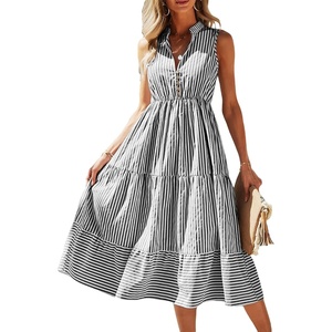 image:imageFloerns Womens Striped Print Notched Neck Sleeveless Ruffle A Line Midi DressBlack