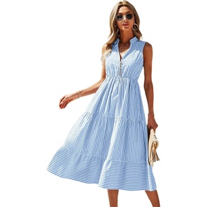 image:imageFloerns Womens Striped Print Notched Neck Sleeveless Ruffle A Line Midi DressBlue