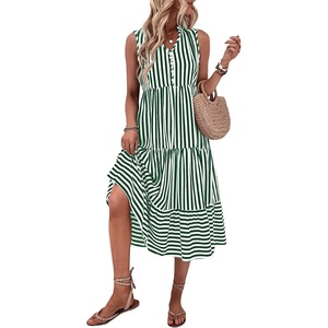 image:imageFloerns Womens Striped Print Notched Neck Sleeveless Ruffle A Line Midi DressDark Green