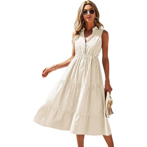image:imageFloerns Womens Striped Print Notched Neck Sleeveless Ruffle A Line Midi DressKhaki