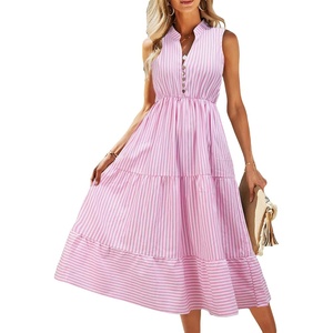 image:imageFloerns Womens Striped Print Notched Neck Sleeveless Ruffle A Line Midi DressPink and White