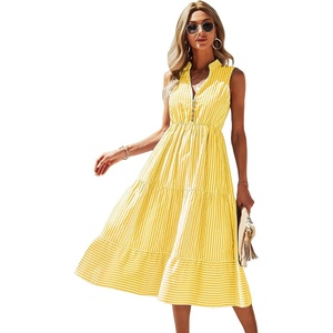 image:imageFloerns Womens Striped Print Notched Neck Sleeveless Ruffle A Line Midi DressYellow