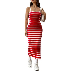 image:imageFloerns Womens Striped Print Sleeveless Split Thigh Casual Cami Long DressRed and White