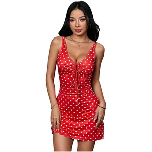 image:imageFloerns Womens Summer Mini Dress Polka Dots Tie Front Date Night Bodycon DressesHot Red