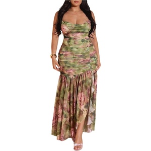 image:imageFloerns Womens Summer Plus Size Floral Maxi Dress Ruched Spaghetti Strap Backless Ruffle Slit Party DressesGreen