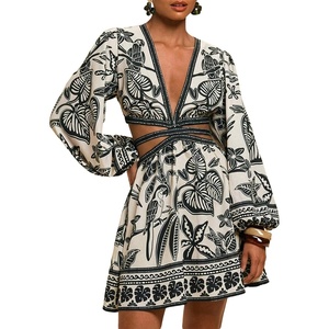 image:imageFloerns Womens Tropical Bishop Sleeve Mini Dress Cut Out Tie Back V Neck Beach A Line DressesDark Black