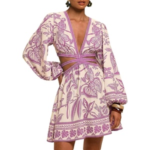 image:imageFloerns Womens Tropical Bishop Sleeve Mini Dress Cut Out Tie Back V Neck Beach A Line DressesLilac Purple