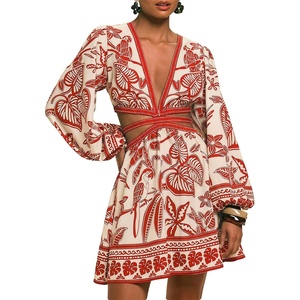 image:imageFloerns Womens Tropical Bishop Sleeve Mini Dress Cut Out Tie Back V Neck Beach A Line DressesRed