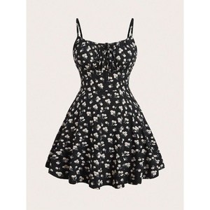 image:imageWomens Plus Size Boho Milkmaid Dress Bow Tie Holiday Flowy Floral Mini DressBlack