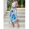image:imageFloerns Womens Summer One Shoulder Maxi Dress Asymmetrical Pleated Beach Vacation DressesBlue Multi