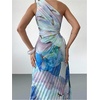 image:imageFloerns Womens Summer One Shoulder Maxi Dress Asymmetrical Pleated Beach Vacation DressesBlue Multi