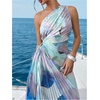 image:imageFloerns Womens Summer One Shoulder Maxi Dress Asymmetrical Pleated Beach Vacation DressesBlue Multi