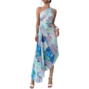 image:imageFloerns Womens Summer One Shoulder Maxi Dress Asymmetrical Pleated Beach Vacation DressesBlue Multi