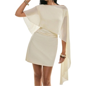 image:imageFloerns Womens Elegant Off The Shoulder Mini Dress Sheer Mesh Cloak Sleeve Ruched Date Night DressesApricot