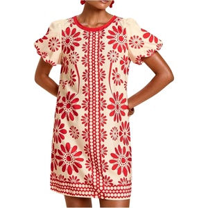 image:imageFloerns Womens Floral Summer Dress Puff Sleeve Crewneck Beach Vacation Tunic Dresses Red and White XSmall