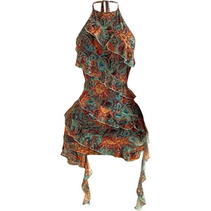 image:imageFloerns Womens Paisley Boho Dresses Halter Neck Sleeveless Ruffle Trim Going Out Mini DressBlue Multi