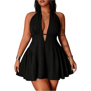 image:imageFloerns Womens Plus Size Cute Polka Dots Halter Mini Dress Ruffle A Line Going Out DressesDark Black
