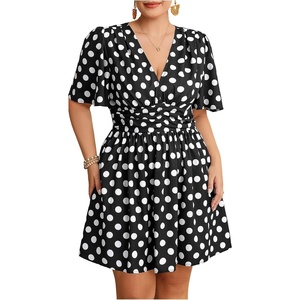 image:imageFloerns Womens Plus Size Printed V Neck Short Sleeve Ruffle Hem Summer Short DressesBlack Polka Dots