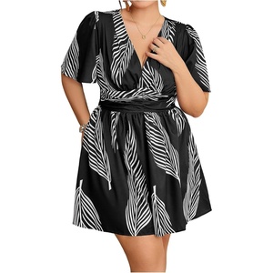 image:imageFloerns Womens Plus Size Printed V Neck Short Sleeve Ruffle Hem Summer Short DressesBlack White Tropical Leaf