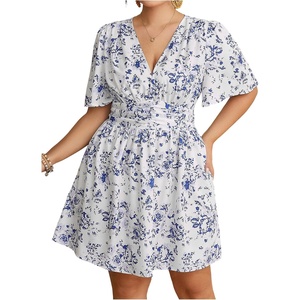 image:imageFloerns Womens Plus Size Printed V Neck Short Sleeve Ruffle Hem Summer Short DressesBlue White Floral
