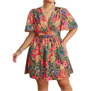 image:imageFloerns Womens Plus Size Printed V Neck Short Sleeve Ruffle Hem Summer Short DressesCoral Pink Tropical Floral