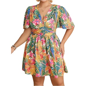 image:imageFloerns Womens Plus Size Printed V Neck Short Sleeve Ruffle Hem Summer Short DressesOrange Green Tropical Floral
