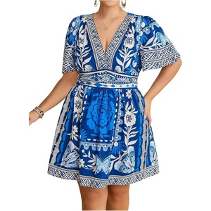 image:imageFloerns Womens Plus Size Printed V Neck Short Sleeve Ruffle Hem Summer Short DressesTeal Blue Floral