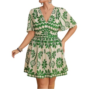 image:imageFloerns Womens Plus Size Printed V Neck Short Sleeve Ruffle Hem Summer Short DressesTurquoise Green Floral