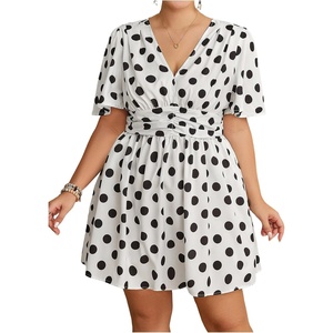 image:imageFloerns Womens Plus Size Printed V Neck Short Sleeve Ruffle Hem Summer Short DressesWhite Polka Dots