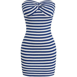 image:imageFloerns Womens Plus Size Striped Twist Strapless Dress Knitted Beach Vacation Bodycon Mini DressBlue
