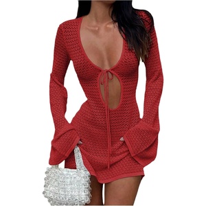 image:imageFloerns Womens Summer Holiday Beach Flare Sleeve Tie Front Cover Up Cut Out Mini Dress V Neck Hollow Out Beach DressesRed