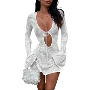 image:imageFloerns Womens Summer Holiday Beach Flare Sleeve Tie Front Cover Up Cut Out Mini Dress V Neck Hollow Out Beach DressesWhite