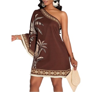 image:imageFloerns Womens Tropical One Shoulder Tunic Dress Dolman Sleeve Beach Vacation Summer DressesRust Brown