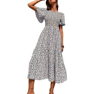 image:imageFloerns Womens Casual Floral Print Crewneck Short Sleeve A Line Boho Maxi DressBlue and White