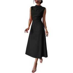 image:imageFloerns Womens Elegant Draped A Line Midi Dress Sleeveless Mock Neck Formal Cocktail DressesBlack