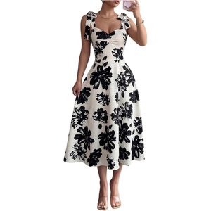 image:imageFloerns Womens Elegant Wedding Guest Dresses Bow Flare Ruffle Cocktail Party Summer Midi DressBlack and White Floral