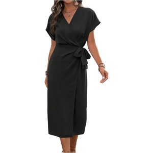 image:imageFloerns Womens Elegant Wrap V Neck Midi Dress Summer Dolman Sleeve Knot Side Vacation DressesBlack
