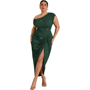 image:imageFloerns Womens Plus Size Asymmetrical Neck Long Dress Ruched Slit Hem Cocktail DressGlitter Dark Green