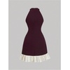 image:imageFloerns Womens Cute Bowknot Halter Dress Pearl Beaded Ruffle Hem Party Mini DressesBurgundy