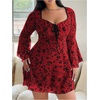 image:imageFloerns Womens Plus Size Floral Gothic Dress Flare Long Sleeve Mesh Grunge A Line DressRed