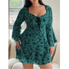 image:imageFloerns Womens Plus Size Floral Gothic Dress Flare Long Sleeve Mesh Grunge A Line DressTeal Green