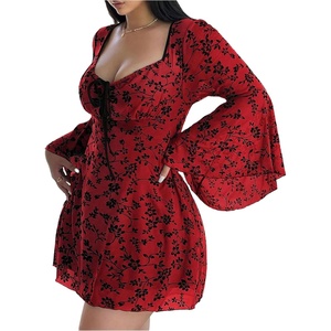 image:imageFloerns Womens Plus Size Floral Gothic Dress Flare Long Sleeve Mesh Grunge A Line DressRed