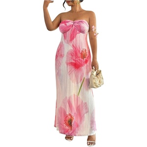 image:imageFloerns Womens Plus Size Summer Floral Strapless Dress Twist Front Bodycon Vacation Long DressesWhite