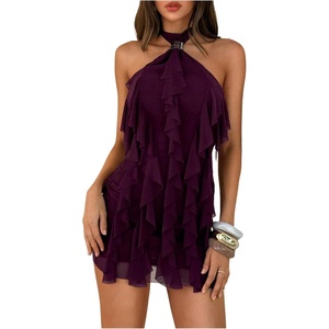 image:imageFloerns Womens Ruffle Trim Halter Dress Sleeveless Date Night Party Mini DressesPurple