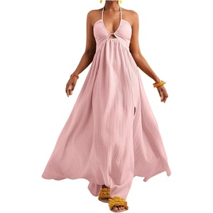 image:imageFloerns Womens Summer Halter Maxi Dress Sleeveless Cut Out Deep V Neck Slit Flowy Vacation DressesPink
