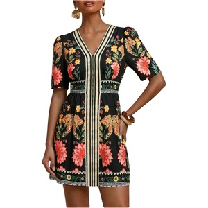 image:imageFloerns Womens Tropical Puff Sleeve Mini Dress V Neck Beach Vacation A Line DressesDark Black