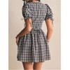 image:imageFloerns Womens Gingham Short Puff Sleeve Crew Neck Mini A Line Dress  Puff Sleeve Ruffle Preppy Going Out Plaid Casual A LineDark Blue
